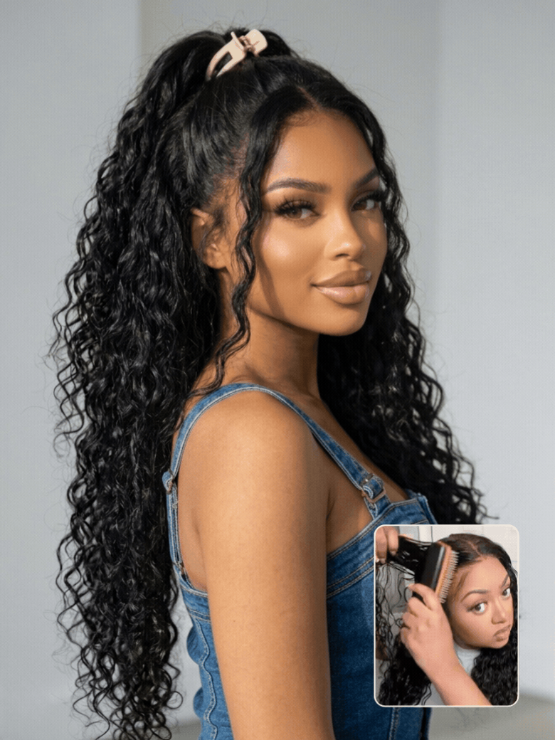 13x4 Glueless Beach-Ready 2-in-1 Straight to Water Wave Wet And Wavy Natural Black Pre-cut Pre-bleached  With Invisi Drawstring 100% Human Hair Wig