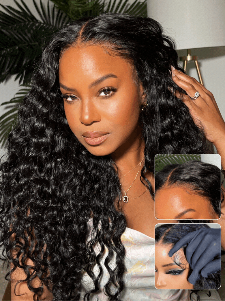 13x4 Glueless Beach-Ready 2-in-1 Straight to Water Wave Wet And Wavy Natural Black Pre-cut Pre-bleached  With Invisi Drawstring 100% Human Hair Wig