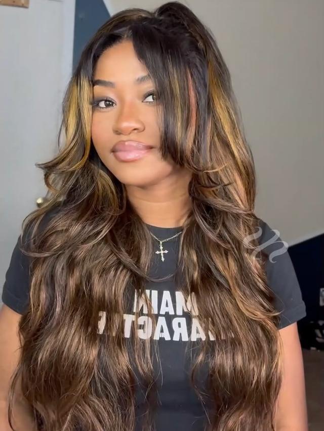 7x5 Glueless Brown Balayage Highlights  Body Wave & Curtain Bangs Wig – Pre-cut Lace Pull & Go with Invisi Drawstring