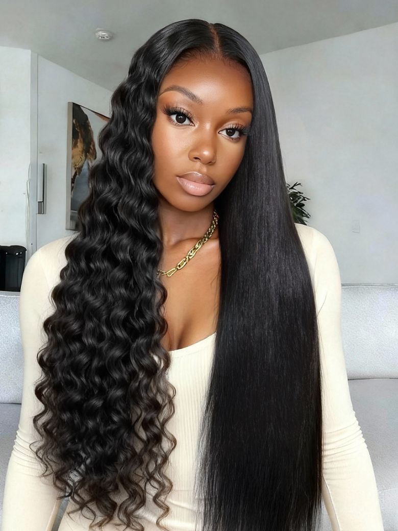 13x4 Glueless Beach-Ready 2-in-1 Straight to Water Wave Wet And Wavy Natural Black Pre-cut Pre-bleached  With Invisi Drawstring 100% Human Hair Wig