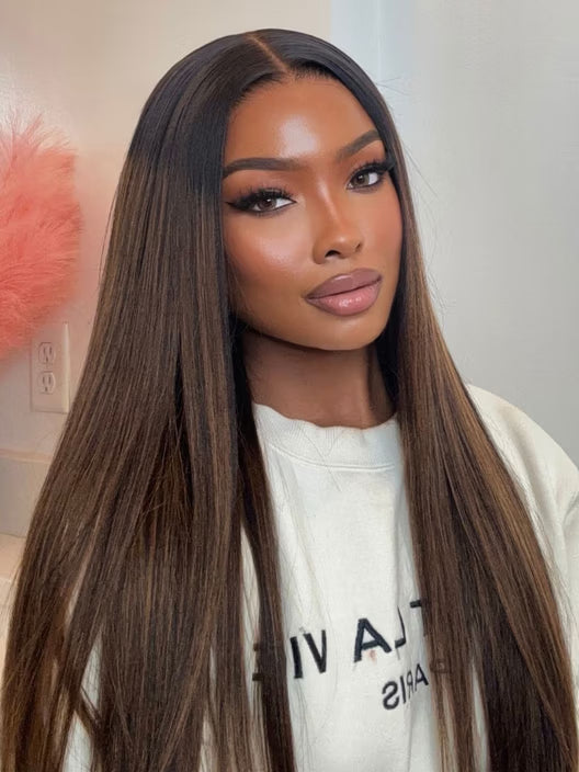Balayage Highlights 100% Human Hair 13x4 Pre-Everything™ Lace Frontal Yaki Straight Drawstring Wig