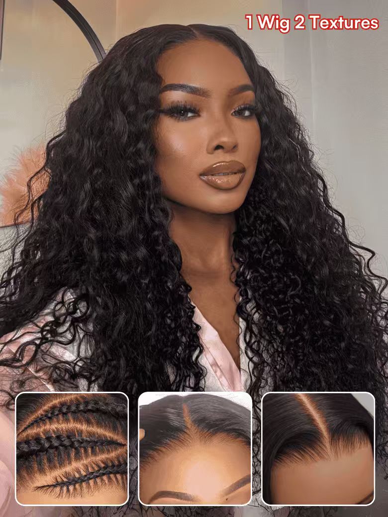 13x4 Glueless Beach-Ready 2-in-1 Straight to Water Wave Wet And Wavy Natural Black Pre-cut Pre-bleached  With Invisi Drawstring 100% Human Hair Wig