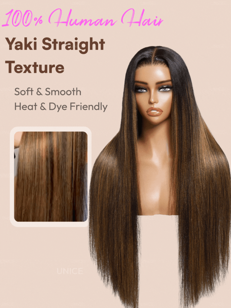 Balayage Highlights 100% Human Hair 13x4 Pre-Everything™ Lace Frontal Yaki Straight Drawstring Wig