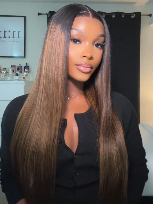 Balayage Highlights 100% Human Hair 13x4 Pre-Everything™ Lace Frontal Yaki Straight Drawstring Wig