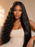 13x4 Glueless Beach-Ready 2-in-1 Straight to Water Wave Wet And Wavy Natural Black Pre-cut Pre-bleached  With Invisi Drawstring 100% Human Hair Wig