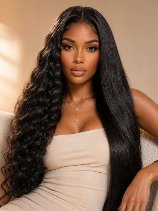 13x4 Glueless Beach-Ready 2-in-1 Straight to Water Wave Wet And Wavy Natural Black Pre-cut Pre-bleached  With Invisi Drawstring 100% Human Hair Wig