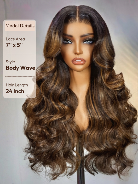 7x5 Bye Bye Slip™ Balayage Highlight Body Wave & Curtain Bangs Wig – Glueless Lace Pull & Go with Invisi Drawstring