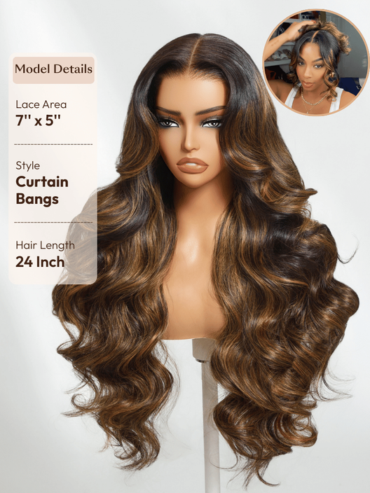 7x5 Bye Bye Slip™ Balayage Highlight Body Wave & Curtain Bangs Wig – Glueless Lace Pull & Go with Invisi Drawstring