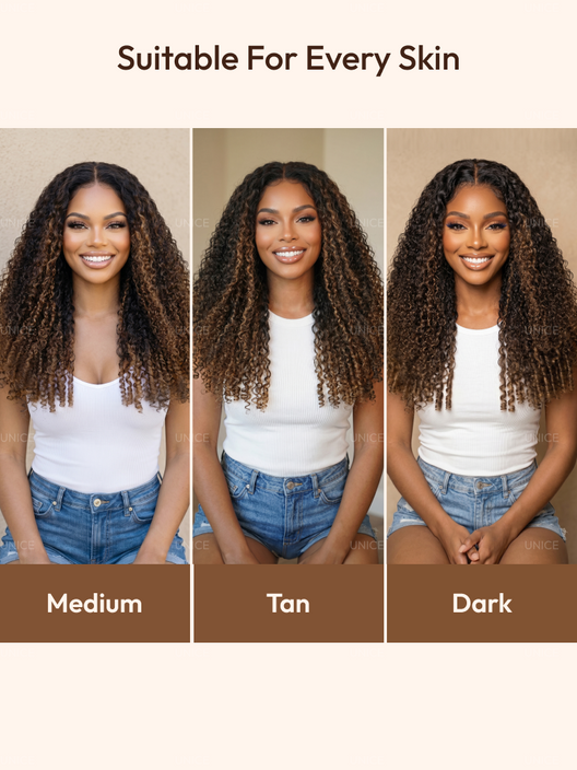 7x5 Bye Bye Slip™ Glueless Lace Black to Chestnut Brown Ombre Burmese Curly With Finger Coil Ends Wig-Put On & Go With Invisi Drawstring