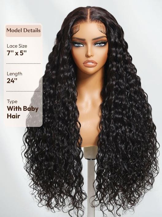 7x5 Bye-Bye Slip™ Put On And Go Glueless Water Wave Drawstring Wig With Baby Hair
