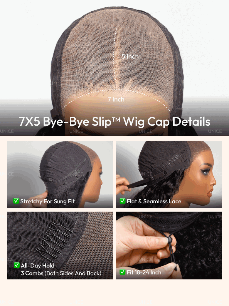 7x5 Bye-Bye Slip™ Put On And Go Glueless Water Wave Drawstring Wig With Baby Hair