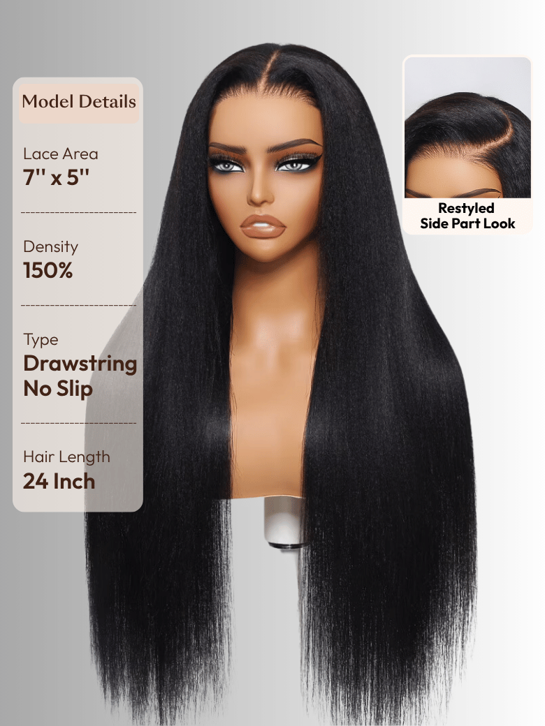 7x5 Bye Bye Slip™ Yaki Straight Black Glueless Wig With Invisible Drawstring