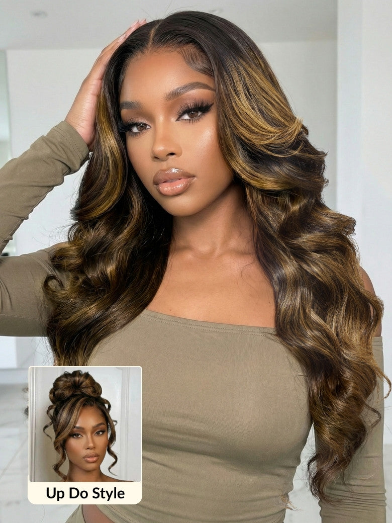 UBetter 7x5 Brown Balayage Highlights Body Wave Glueless Non-slip  Pre-Everything Ready-to-Wear with Curtain Bangs Wig with Invisi Drawstring