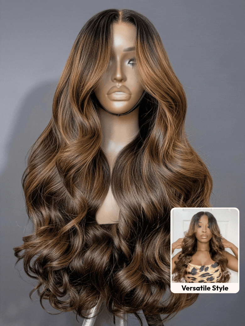 UBetter 7x5 Brown Balayage Highlights Body Wave Glueless Non-slip  Pre-Everything Ready-to-Wear with Curtain Bangs Wig with Invisi Drawstring