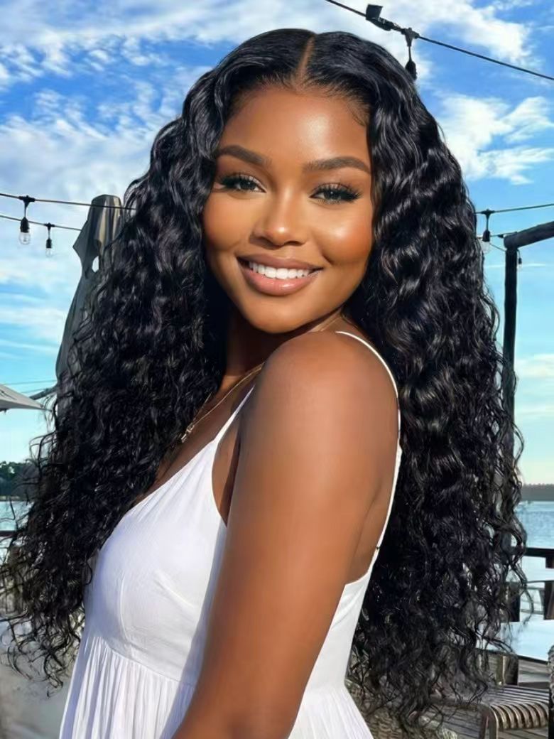 13x4 Glueless Beach-Ready 2-in-1 Straight to Water Wave Wet And Wavy Natural Black Pre-cut Pre-bleached  With Invisi Drawstring 100% Human Hair Wig